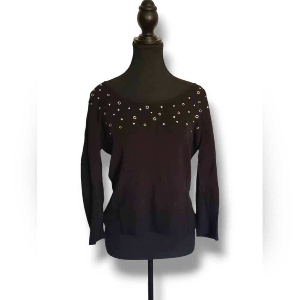 Rhinestone & Silver Eyelet Women's Large Etoile Black Lightweight Sweater - Picture 2 of 10